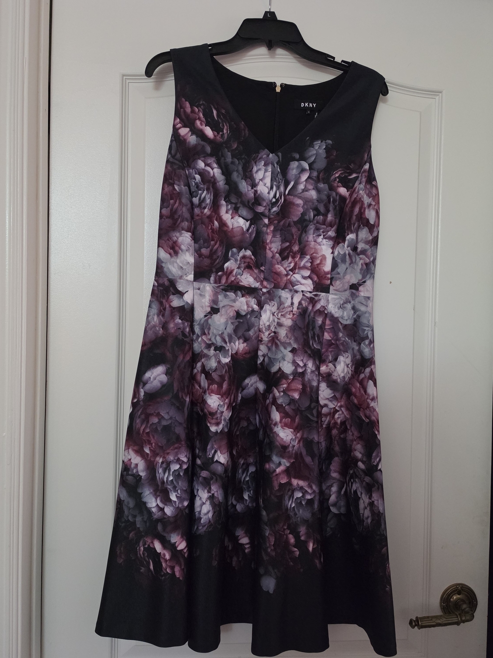 DKNY Black Floral Midi Dress with Purple Bloom Print